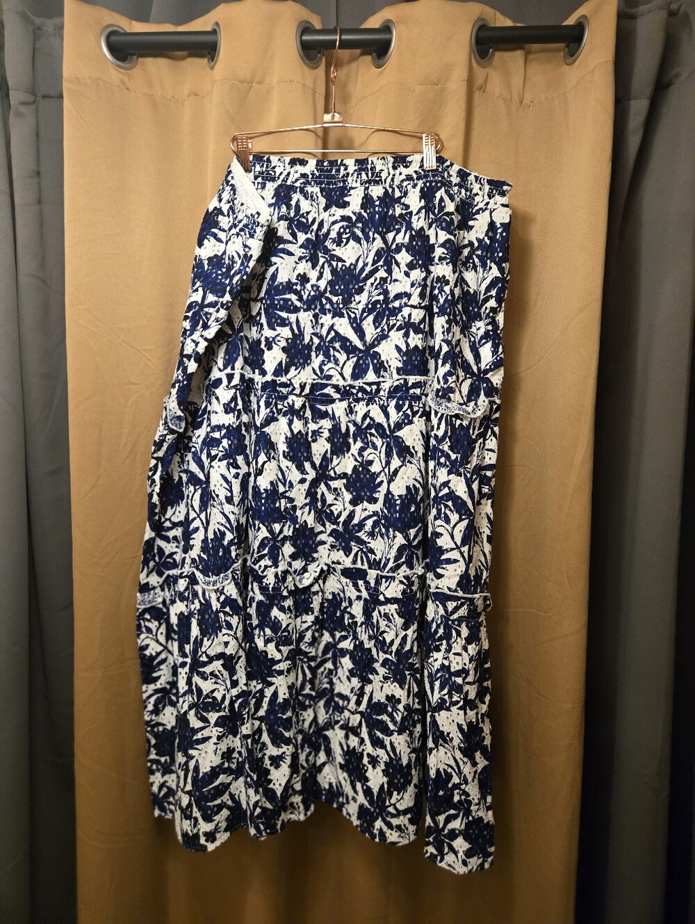 Caslon Blue and White Floral Tiered Maxi Eyelet Skirt